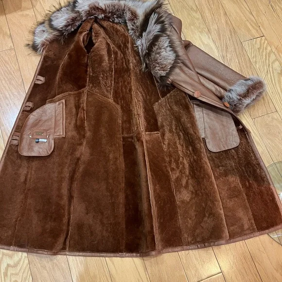 Women's Brown shearling Faux Fur Trim Coat - Picture 4 of 5